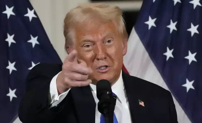 President Donald Trump speaks at a dinner with Senate Republicans at Mar-a-Lago in Palm Beach, Fla., Friday, Feb. 7, 2025. (AP Photo/Ben Curtis)