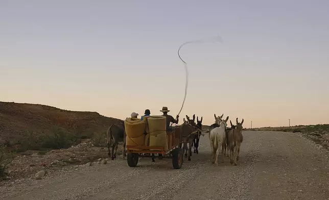 FILE - A donkey-drawn cart carries people from the Richtersveld area in the North Western Cape Provice, South Africa, March 2005 where they live as they await the outcome of a lands claim action in nearby Alexandra Bay. (AP Photo/Mujahid Safodien, File)