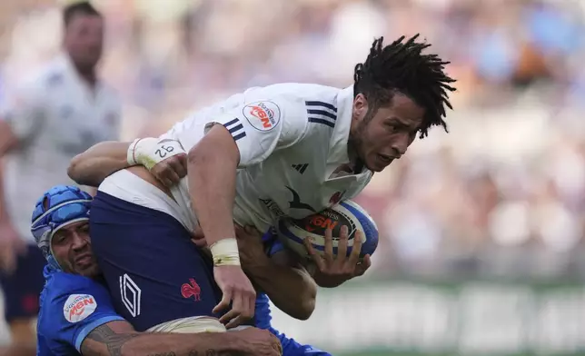 France's Mickael Guillard in action, during the Six Nations rugby union match between Italy and France at the Olympic stadium, in Rome, Sunday, Feb. 23, 2025. (Alfredo Falcone/LaPresse via AP)
