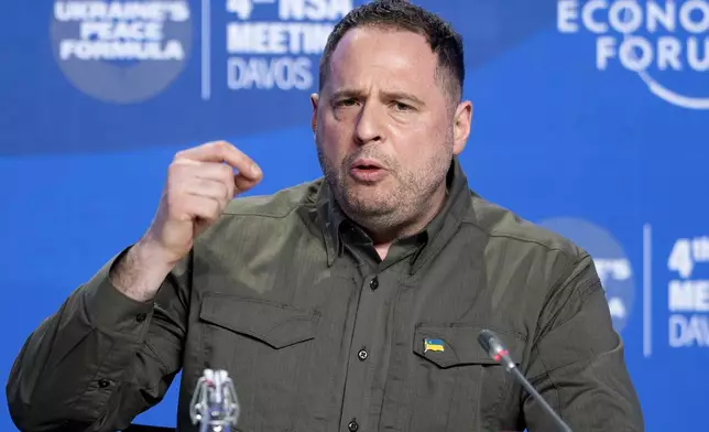 FILE - Ukraine's Head of the Office of the President Andriy Yermak speaks at a news conference in Davos, Switzerland, Jan. 14, 2024. (AP Photo/Markus Schreiber, File)