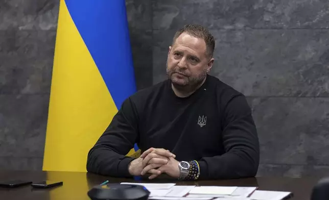 In this photo provided by the Press Service of The President of Ukraine on Thursday, Feb. 6, 2025, Andriy Yermak, the head of Ukraine's Presidential Office, sits during an interview with The Associated Press in Kyiv, Ukraine. (Press Service Of The President Of Ukraine via AP)