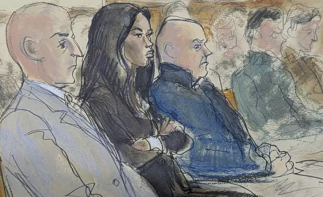 In this courtroom sketch, Rachel Eliza Griffiths, Salman Rushdie's wife, second left, is seated in the courtroom as her husband testifies, during the trial of Hadi Matar, in Chautauqua County court, in Mayville, N.Y., Tuesday, Feb. 11, 2025. (Elizabeth Williams via AP)
