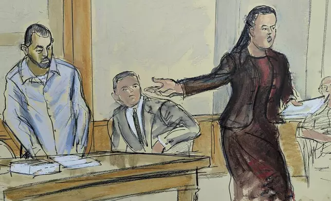 In this courtroom sketch, Public Defender Lynn Shaffer asks her client, Hadi Matar, left, to stand while giving her opening statement in his the trial iin Chautauqua County court, in Mayville, N.Y., Monday, Feb. 10, 2025. (Elizabeth Williams via AP)