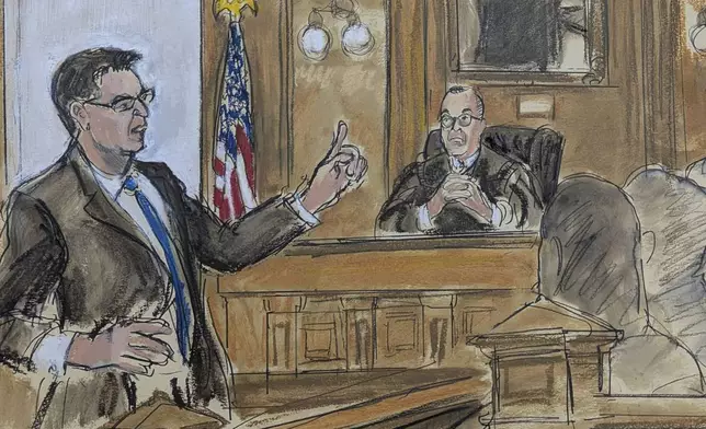 In this courtroom sketch, District Attorney Jason Schmidt presents his opening statement in the trial of Hadi Matar, iin Chautauqua County court, in Mayville, N.Y., Monday, Feb. 10, 2025, as Judge David Foley is seated on the bench. (Elizabeth Williams via AP)