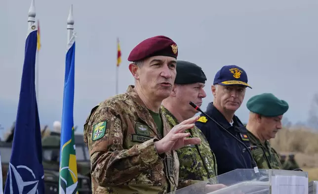 Major General Lorenzo D'Addario of the Italian army forces speaks to the press after the end of the second day of the Steadfast Dart 2025 exercise, involving some 10,000 troops in three different countries from nine nations and represent the largest NATO operation planned this year, in Nea Anchialos, central Greece, Thursday, Feb. 13, 2025. (AP Photo/Thanassis Stavrakis)