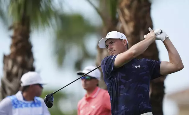 Jordan Spieth tees off on the 18th hole during the first round of the Cognizant Classic golf tournament, Thursday, Feb. 27, 2025, in Palm Beach Gardens, Fla. (AP Photo/Rebecca Blackwell)