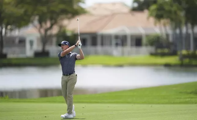 Jake Knapp hits on the 18th hole during the first round of the Cognizant Classic golf tournament, Thursday, Feb. 27, 2025, in Palm Beach Gardens, Fla. (AP Photo/Rebecca Blackwell)