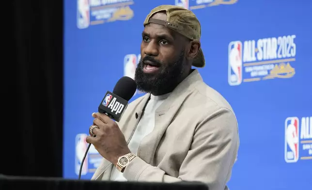 Los Angeles Lakers forward LeBron James speaks during a press conference before the NBA basketball All-Star game Sunday, Feb. 16, 2025, in San Francisco. (AP Photo/Godofredo A. Vásquez)