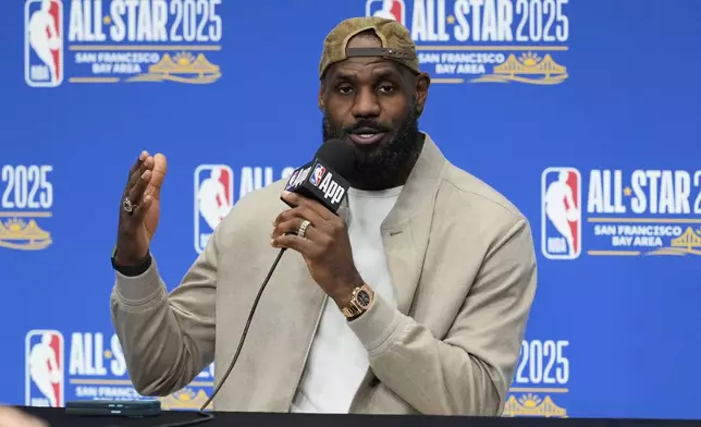 Los Angeles Lakers forward LeBron James speaks during a press conference before the NBA basketball All-Star game Sunday, Feb. 16, 2025, in San Francisco. (AP Photo/Godofredo A. Vásquez)