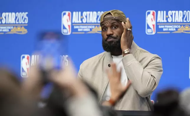 Los Angeles Lakers forward LeBron James fields questions during a press conference before the NBA basketball All-Star game Sunday, Feb. 16, 2025, in San Francisco. (AP Photo/Godofredo A. Vásquez)