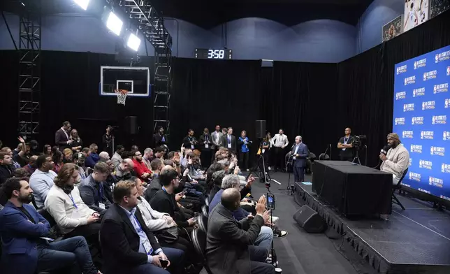 Los Angeles Lakers forward LeBron James fields questions during a press conference before the NBA basketball All-Star game Sunday, Feb. 16, 2025, in San Francisco. (AP Photo/Godofredo A. Vásquez)