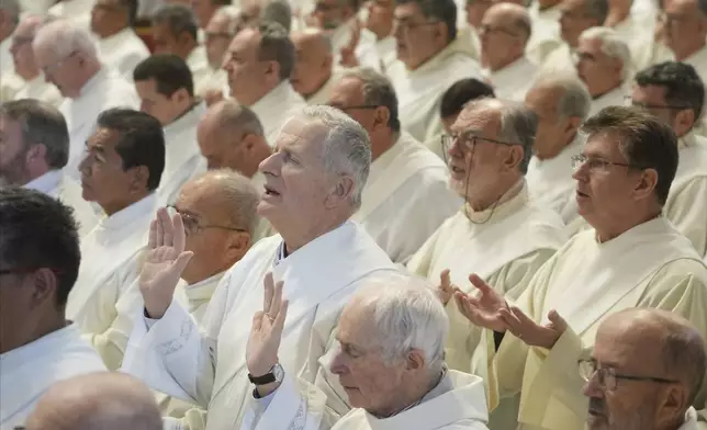 Deacons take part in a mass for their jubilee in St. Peter's Basilica at The Vatican, Sunday, Feb. 23, 2025, that was supposed to be presided over by Pope Francis who was admitted over a week ago at Rome's Agostino Gemelli Polyclinic and is in critical condition. (AP Photo/Alessandra Tarantino)