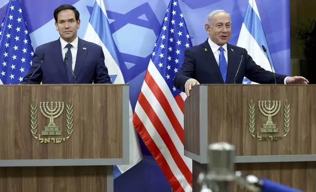 U.S. Secretary of State Marco Rubio, left, and Israeli Prime Minister Benjamin Netanyahu attend a news conference at the Prime Minister's office in Jerusalem, Israel, Sunday, Feb. 16, 2025. (Evelyn Hockstein/Pool Photo via AP)