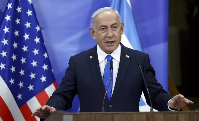 Israeli Prime Minister Benjamin Netanyahu attends a joint news conference with U.S. Secretary of State Marco Rubio at the Prime Minister's office in Jerusalem, Israel, Sunday, Feb. 16, 2025. (Evelyn Hockstein/Pool Photo via AP)