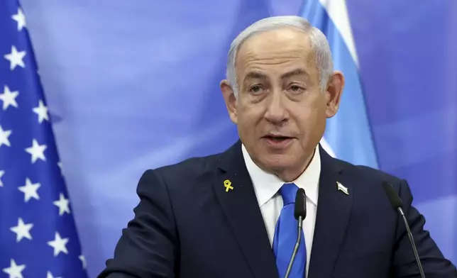 Israeli Prime Minister Benjamin Netanyahu attends a joint news conference with U.S. Secretary of State Marco Rubio at the Prime Minister's office in Jerusalem, Israel, Sunday, Feb. 16, 2025. (Evelyn Hockstein/Pool Photo via AP)