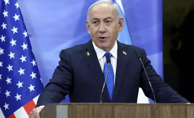 Israeli Prime Minister Benjamin Netanyahu attends a joint news conference with U.S. Secretary of State Marco Rubio at the Prime Minister's office in Jerusalem, Israel, Sunday, Feb. 16, 2025. (Evelyn Hockstein/Pool Photo via AP)