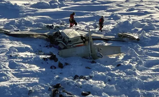 FILE - This photo provided by the U.S. Coast Guard on Feb. 7, 2025, shows a small commuter plane that crashed in western Alaska on a flight that was bound for the hub community of Nome. (U.S. Coast Guard via AP, File)