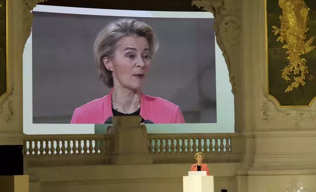 European Commission President Ursula von der Leyen addresses the audience at the Grand Palais during the Artificial Intelligence Action Summit in Paris, Tuesday, Feb. 11, 2025. (AP Photo/Michel Euler)