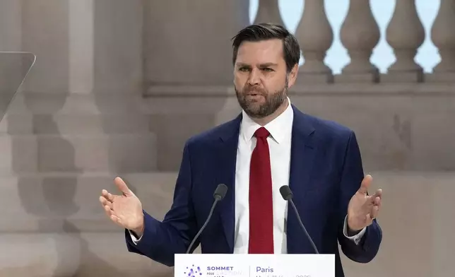 United States Vice-President JD Vance addresses the audience at the Grand Palais during the Artificial Intelligence Action Summit in Paris, Tuesday, Feb. 11, 2025. (AP Photo/Michel Euler)