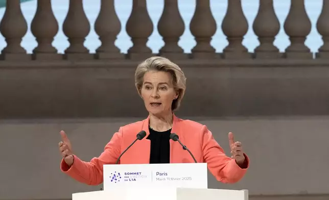 European Commission President Ursula von der Leyen addresses the audience at the Grand Palais during the Artificial Intelligence Action Summit in Paris, Tuesday, Feb. 11, 2025. (AP Photo/Michel Euler)