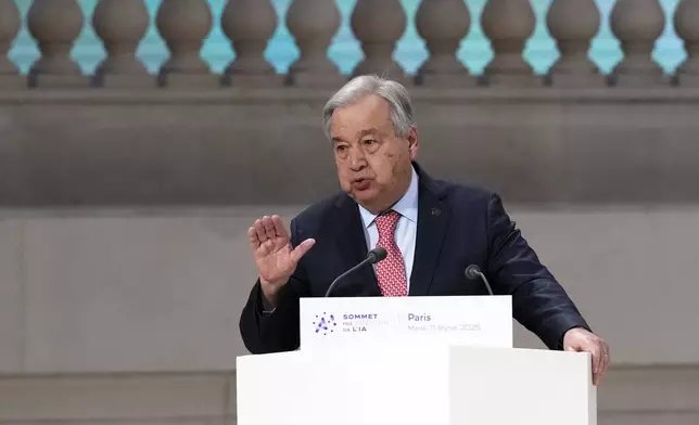 United Nations Secretary General Antonio Guterres addresses the audience at the Grand Palais during the Artificial Intelligence Action Summit in Paris, Tuesday, Feb. 11, 2025. (AP Photo/Michel Euler)