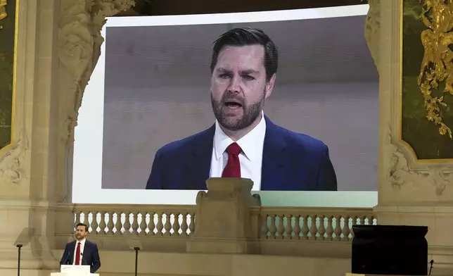 United States Vice-President JD Vance addresses the audience at the Grand Palais during the Artificial Intelligence Action Summit in Paris, Tuesday, Feb. 11, 2025. (AP Photo/Michel Euler)