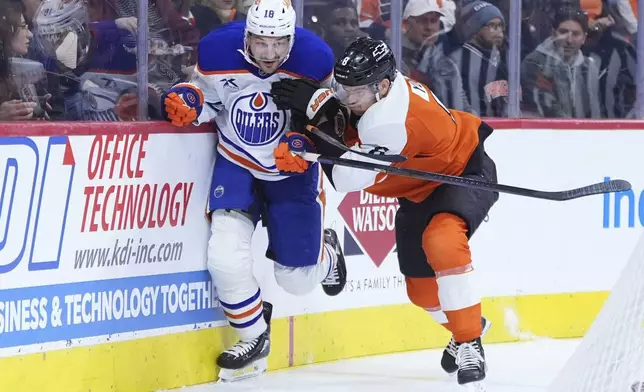 Philadelphia Flyers' Cam York, right, collides with Edmonton Oilers' Zach Hyman during the first period of an NHL hockey game, Saturday, Feb. 22, 2025, in Philadelphia. (AP Photo/Matt Slocum)