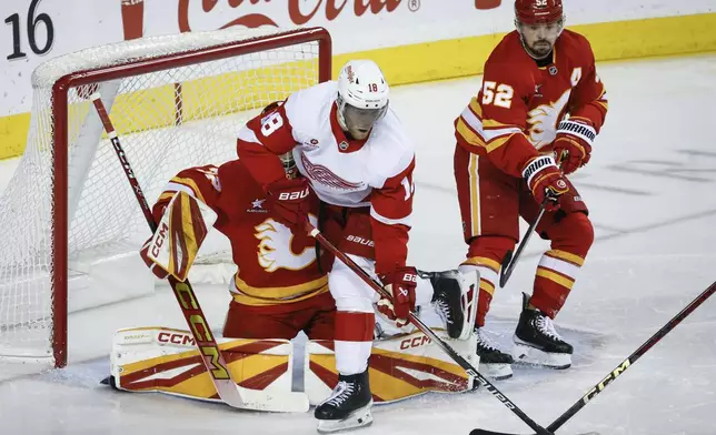 Detroit Red Wings' Andrew Copp, center, crashes into Calgary Flames goalie Dustin Wolf, back left, as Flames' MacKenzie Weegar checks during second-period NHL hockey game action in Calgary, Alberta, Saturday, Feb. 1, 2025. (Jeff McIntosh/The Canadian Press via AP)
