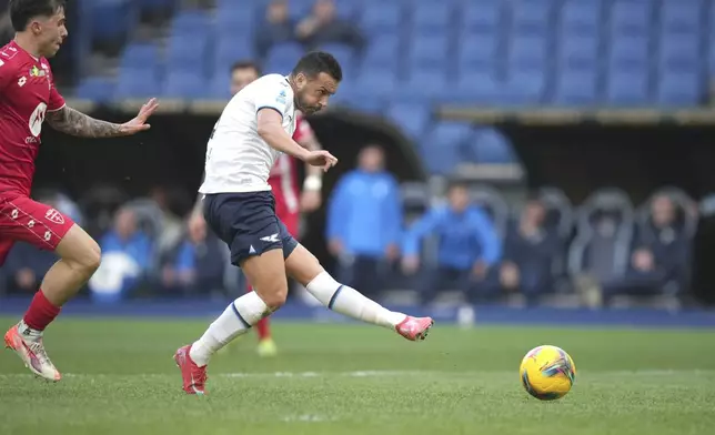 Lazio's Pedro scores his side's second goal during a Serie A soccer match between Lazio and Monza, at Rome's Olympic Stadium, Sunday, Feb. 9, 2025. (AP Photo/Alessandra Tarantino)