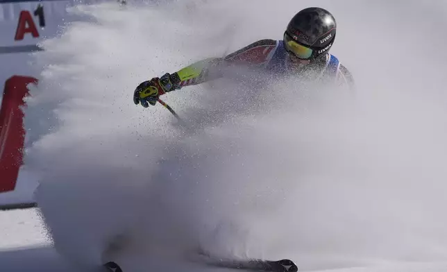 Canada's Jeffrey Read arrives at the finish area of a men's Super-G, at the Alpine Ski World Championships, in Saalbach-Hinterglemm, Austria, Friday, Feb. 7, 2025. (AP Photo/Giovanni Auletta)