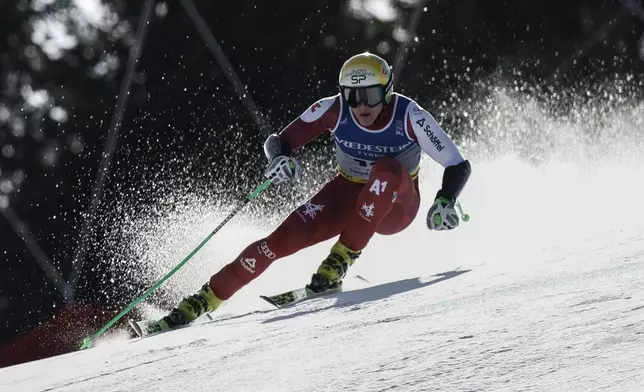 Austria's Raphael Haaser speeds down the course during a men's Super-G, at the Alpine Ski World Championships, in Saalbach-Hinterglemm, Austria, Friday, Feb. 7, 2025. (AP Photo/Gabriele Facciotti)