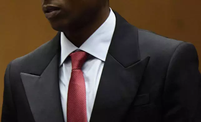 A$AP Rocky stands in court during closing arguments in his trial Thursday, Feb. 13, 2025, in Los Angeles. (Allison Dinner/Pool Photo via AP)