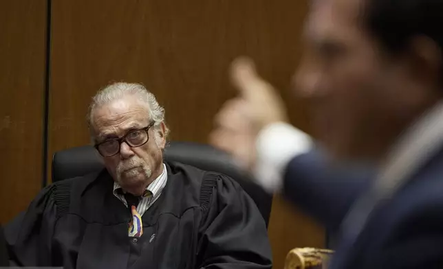 Judge Mark S. Arnold presides over closing arguments in the trial of A$AP Rocky, Thursday, Feb. 13, 2025, in Los Angeles. (Allison Dinner/Pool Photo via AP)