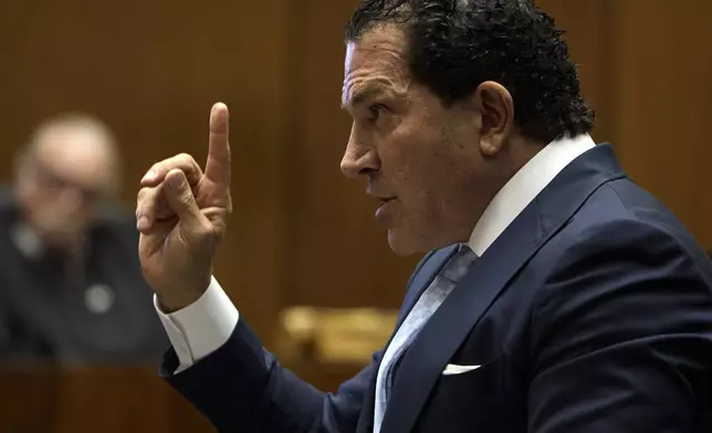 Attorney Joe Tacopina speaks during closing arguments in the trial of A$AP Rocky, Thursday, Feb. 13, 2025, in Los Angeles. (Allison Dinner/Pool Photo via AP)