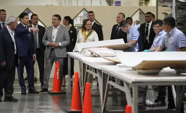 U.S. Secretary of State Marco Rubio tours the facilities of aircraft maintenance firm Aeroman in San Luis Talpa, El Salvador, Monday, Feb. 3, 2025. (AP Photo/Mark Schiefelbein, Pool)