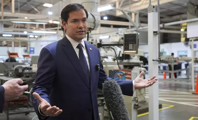 U.S. Secretary of State Marco Rubio speaks to journalists during a visit to aircraft maintenance firm Aeroman in San Luis Talpa, El Salvador, Monday, Feb. 3, 2025. (AP Photo/Mark Schiefelbein, Pool)