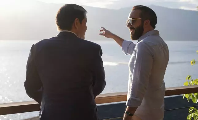 U.S. Secretary of State Marco Rubio meets with President Nayib Bukele at his residence at Lake Coatepeque in El Salvador, Monday, Feb. 3, 2025. (AP Photo/Mark Schiefelbein, Pool)