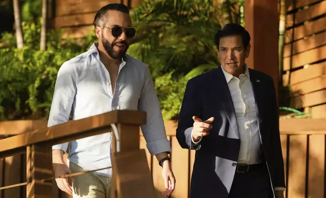 U.S. Secretary of State Marco Rubio meets with President Nayib Bukele at his residence at Lake Coatepeque in El Salvador, Monday, Feb. 3, 2025. (AP Photo/Mark Schiefelbein, Pool)