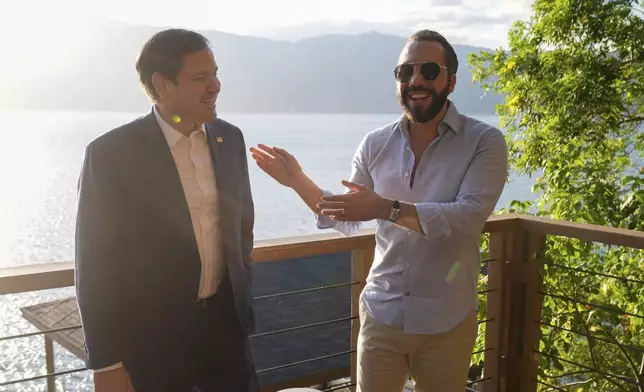 U.S. Secretary of State Marco Rubio meets with President Nayib Bukele at his residence at Lake Coatepeque in El Salvador, Monday, Feb. 3, 2025. (AP Photo/Mark Schiefelbein, Pool)