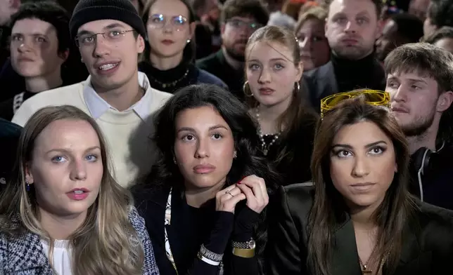 People react after first projections are announced during the election party at the Social Democratic Party (SPD) headquarters in Berlin, Germany, Sunday, March 23, 2025. (AP Photo/Ebrahim Noroozi)