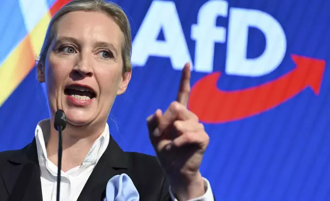Alice Weidel, co-leader of the Alternative for Germany (AfD), speaks during the election party at the party's headquarters in Berlin Germany, Sunday, Feb. 23, 2025. (Soeren Stache/DPA via AP, Pool)
