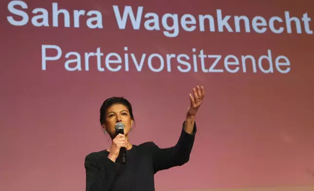 Sahra Wagenknecht, leader of the Sahra Wagenknecht Alliance (BSW) speaks during the party's election party in Berlin, Germany, Subday, Feb 23, 2025. Slogan reads: 'Sahra Wagenknecht Party Chairwoman' (Jens Buettner/dpa via AP)