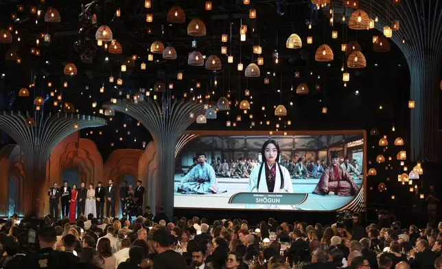 Hiroyuki Sanada, from left, Tadanobu Asano, Anna Sawai, Hiroto Kanai, Moeka Hoshi, Tommy Bastow, and Shinnosuke Abe accept the award for outstanding performance by an ensemble in a drama series for "Shogun" during the 31st annual Screen Actors Guild Awards on Sunday, Feb. 23, 2025, at the Shrine Auditorium in Los Angeles. (AP Photo/Chris Pizzello)