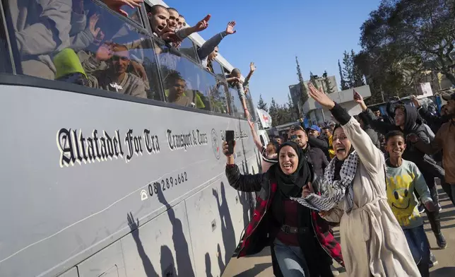 Freed Palestinian detainees are greeted after being released from an Israeli prison following a ceasefire agreement between Hamas and Israel in Khan Younis, Gaza Strip, Thursday, Feb. 27, 2025. (AP Photo/Abdel Kareem Hana)
