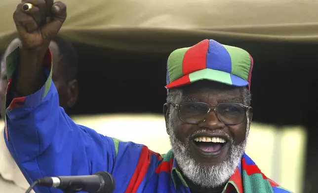 FILE - Namibian and ruling Swapo party President Sam Nujoma speaks during an election rally in Windhoek, Namibia, Nov. 13, 2004. (AP Photo/Themba Hadebe, File)