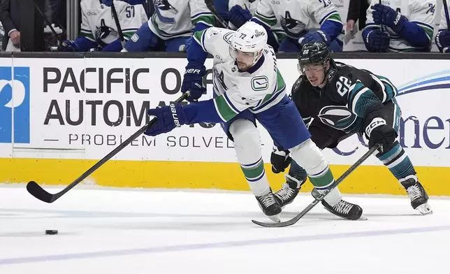 Vancouver Canucks center Filip Chytil (72) skates with the puck past San Jose Sharks center Andrew Poturalski (22) during the second period of an NHL hockey game in San Jose, Calif., Thursday, Feb. 6, 2025. (AP Photo/Tony Avelar)