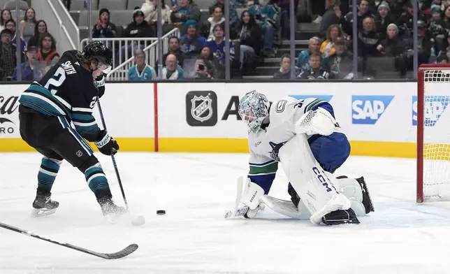 Vancouver Canucks goaltender Thatcher Demko (35) blocks a shot by San Jose Sharks center Will Smith (2) during the first period of an NHL hockey game in San Jose, Calif., Thursday, Feb. 6, 2025. (AP Photo/Tony Avelar)
