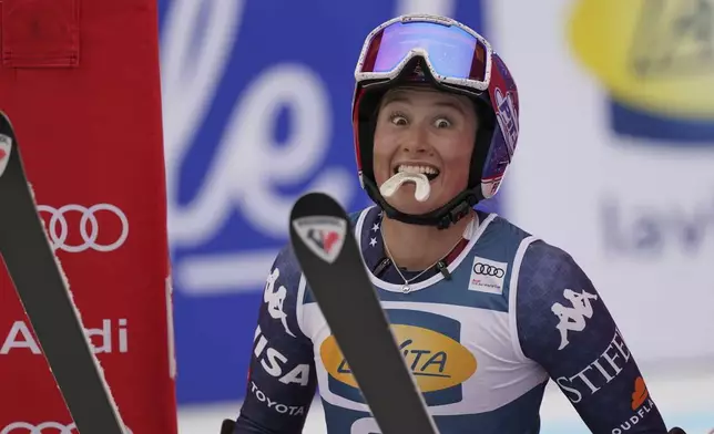 United States' Lauren Macuga reacts after completing an alpine ski, women's World Cup super G, in Garmisch, Germany, Sunday, Jan. 26, 2025. (AP Photo/Piermarco Tacca)