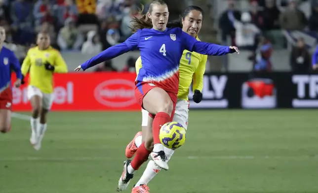 United States defender Tara McKeown (4) moves the ball in front of Colombia forward Mayra Ramirez (9) during the SheBelieves Cup women's soccer tournament, Thursday, Feb. 20, 2025, in Houston. (AP Photo/Michael Wyke)