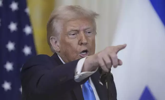 President Donald Trump and Israeli Prime Minister Benjamin Netanyahu take questions during a news conference in the East Room of the White House, Tuesday, Feb. 4, 2025, in Washington. (AP Photo/Alex Brandon)